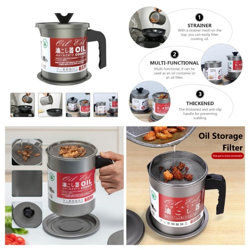 1.4L Fryer Oil Filter Pot | Carbon Steel Body with Stainless Steel Strainer & Lid | Kitchen Oil Storage Jug